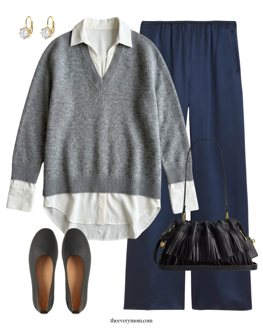 Cashmere v-neck sweater and silk pants thanksgiving outfit