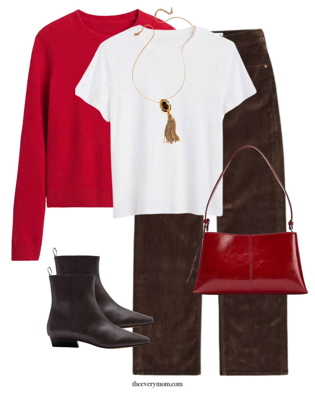 thanksgiving outfit red sweater white t-shirt, brown pants, brown boots, red bag
