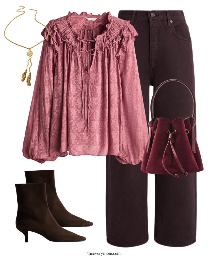 Flowy blouse and brown jeans for thanksgiving