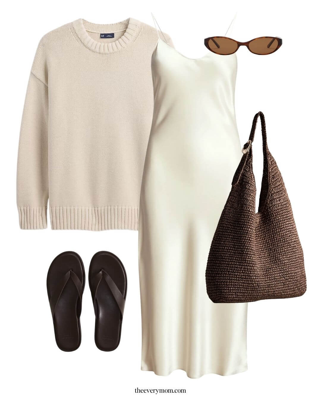 slip dress outfit idea with sandals and a raffia bag for effortless 90s style inspo