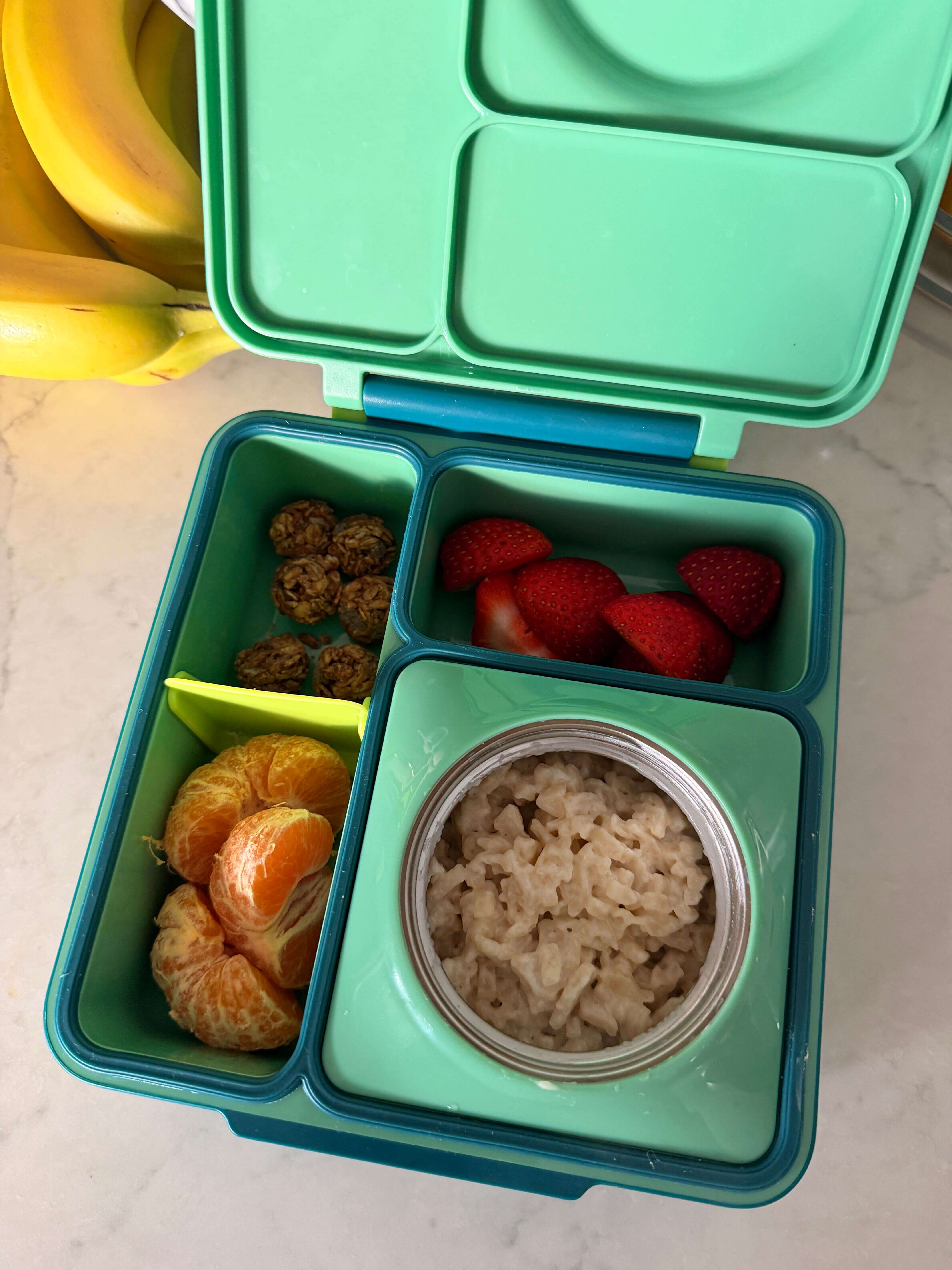 mac and cheese, fruit, and granola creative school lunch ideas