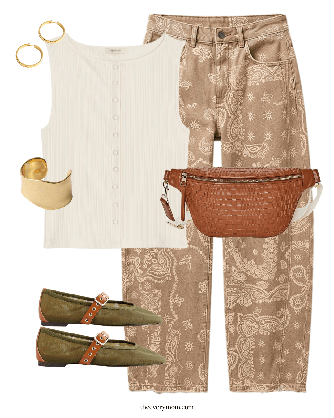 summer to fall transitional outfit with paisley print jeans