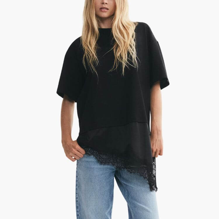 Lace-Trimmed Asymmetric T-Shirt