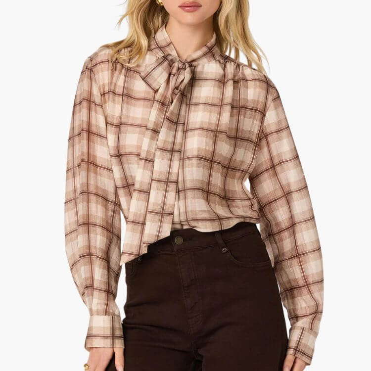 Plaid Tie-Neck Blouse