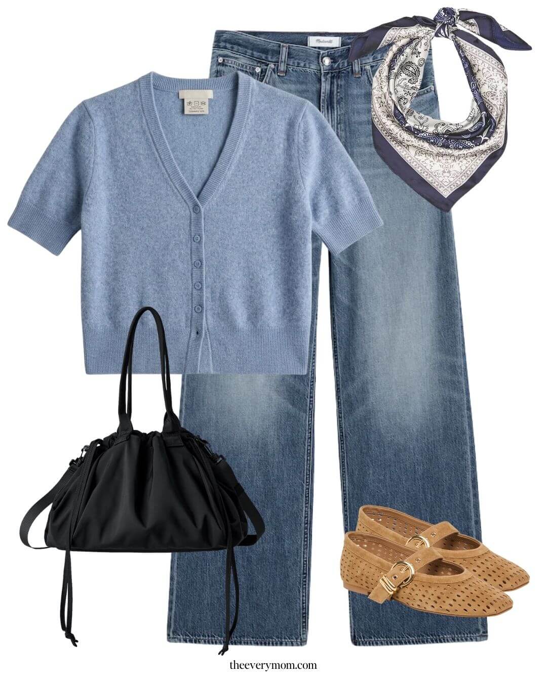 fall capsule outfit idea with cashmere cardigan, silk scarf and jeans