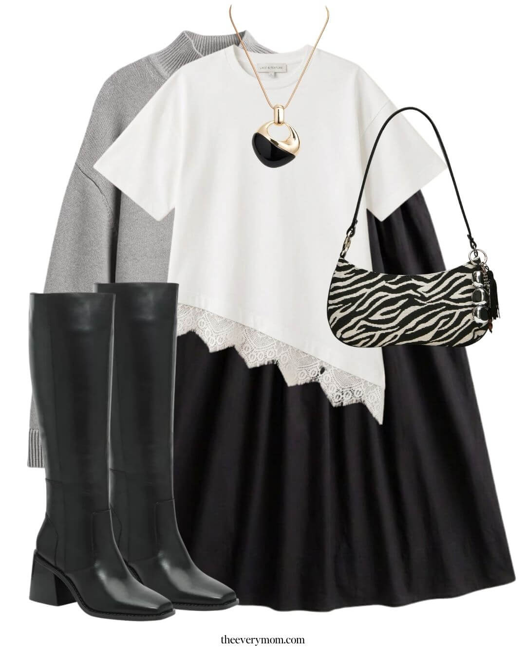 midi skirt outfit idea with boots and grey sweater for fall