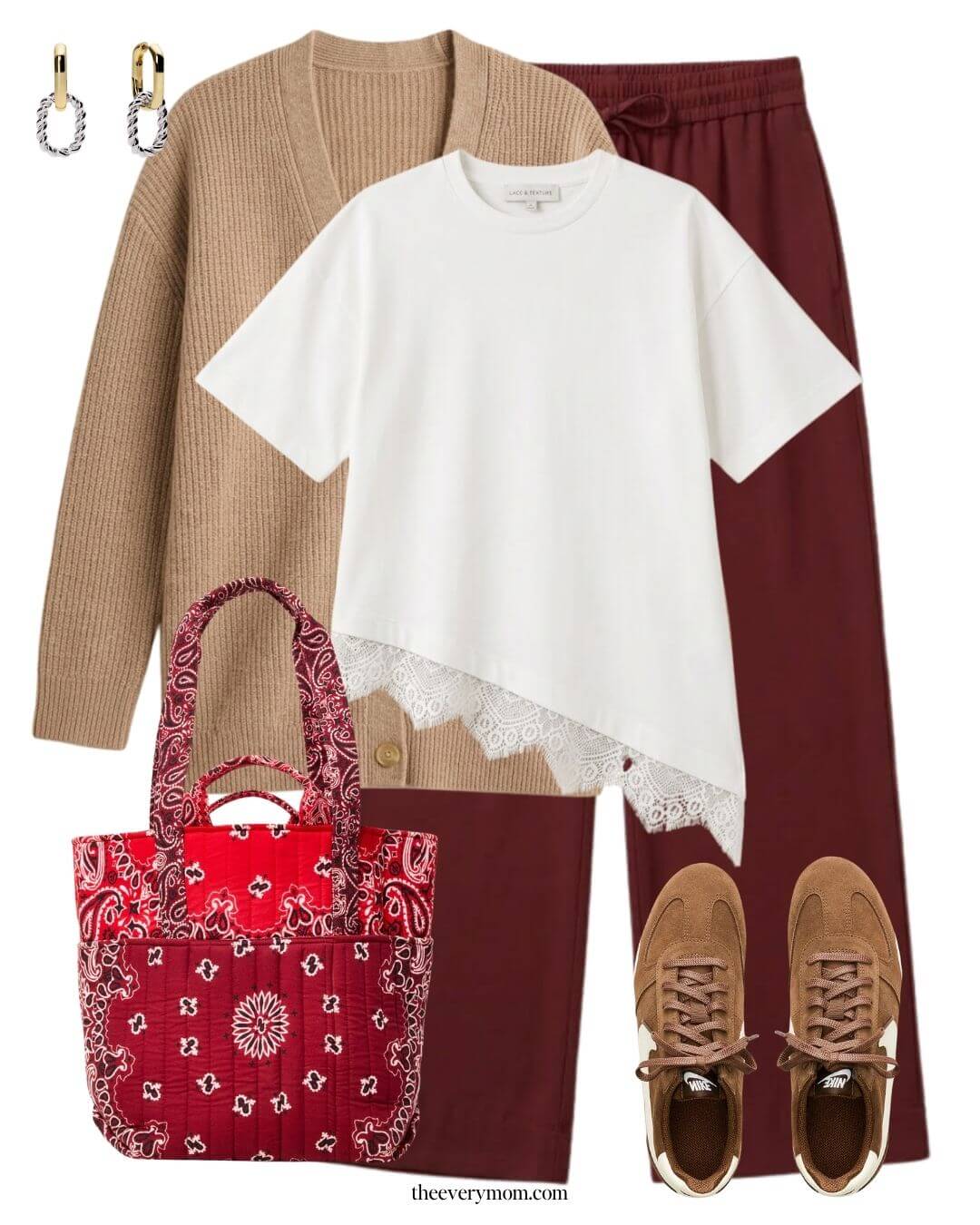 casual outfit for moms with bandana tote and pull on pants