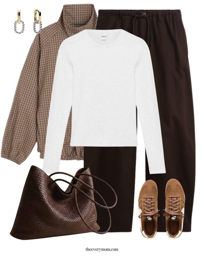 casual and trendy mom outfit idea for fall with funnel neck jacket and pull on pants