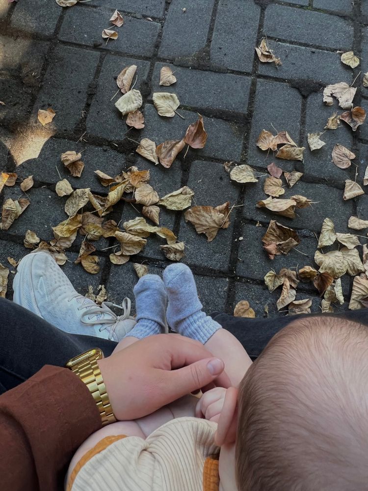 cozy mom and baby in fall leaves