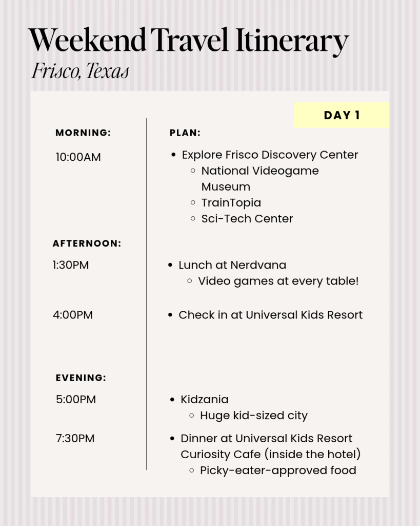universal kids resort frisco texas itinerary